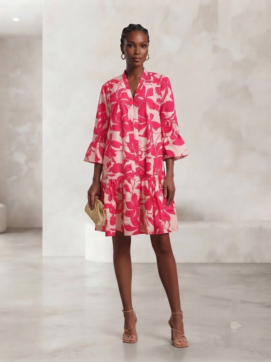 Floral V-Neck Ruffle-Hem Tiered Dress #275