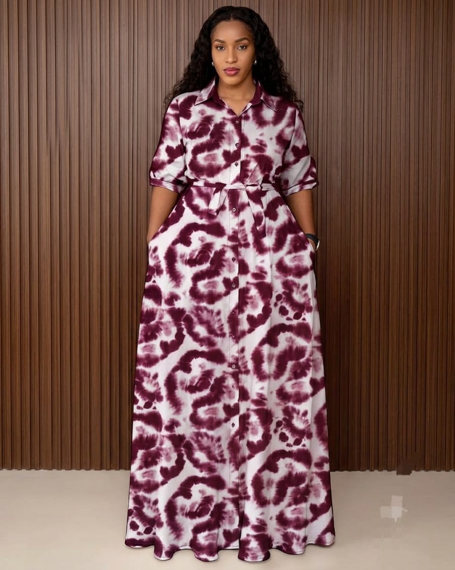Burgundy Tie-dye maxi shirt dress