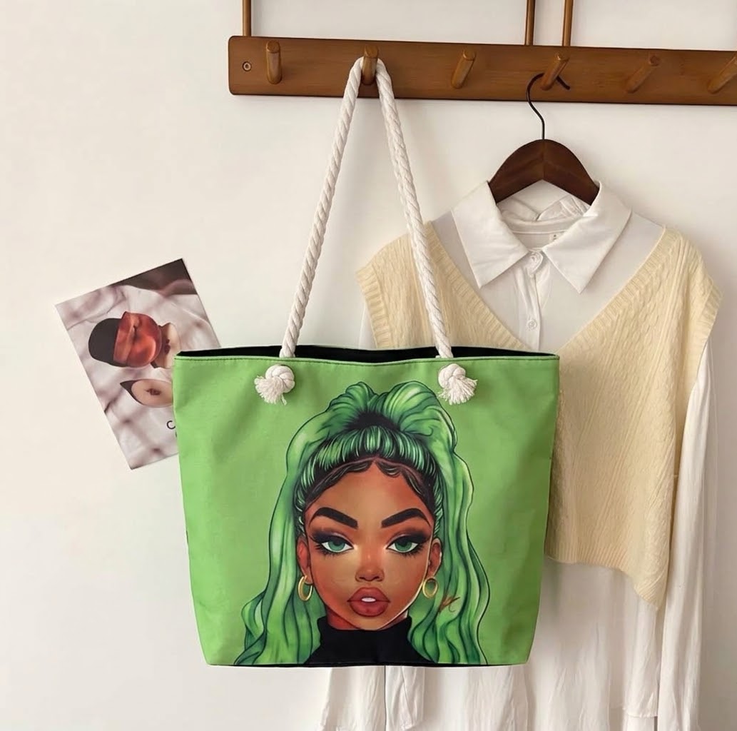 Emerald Baddie Graphic Canvas Rope Tote Bag