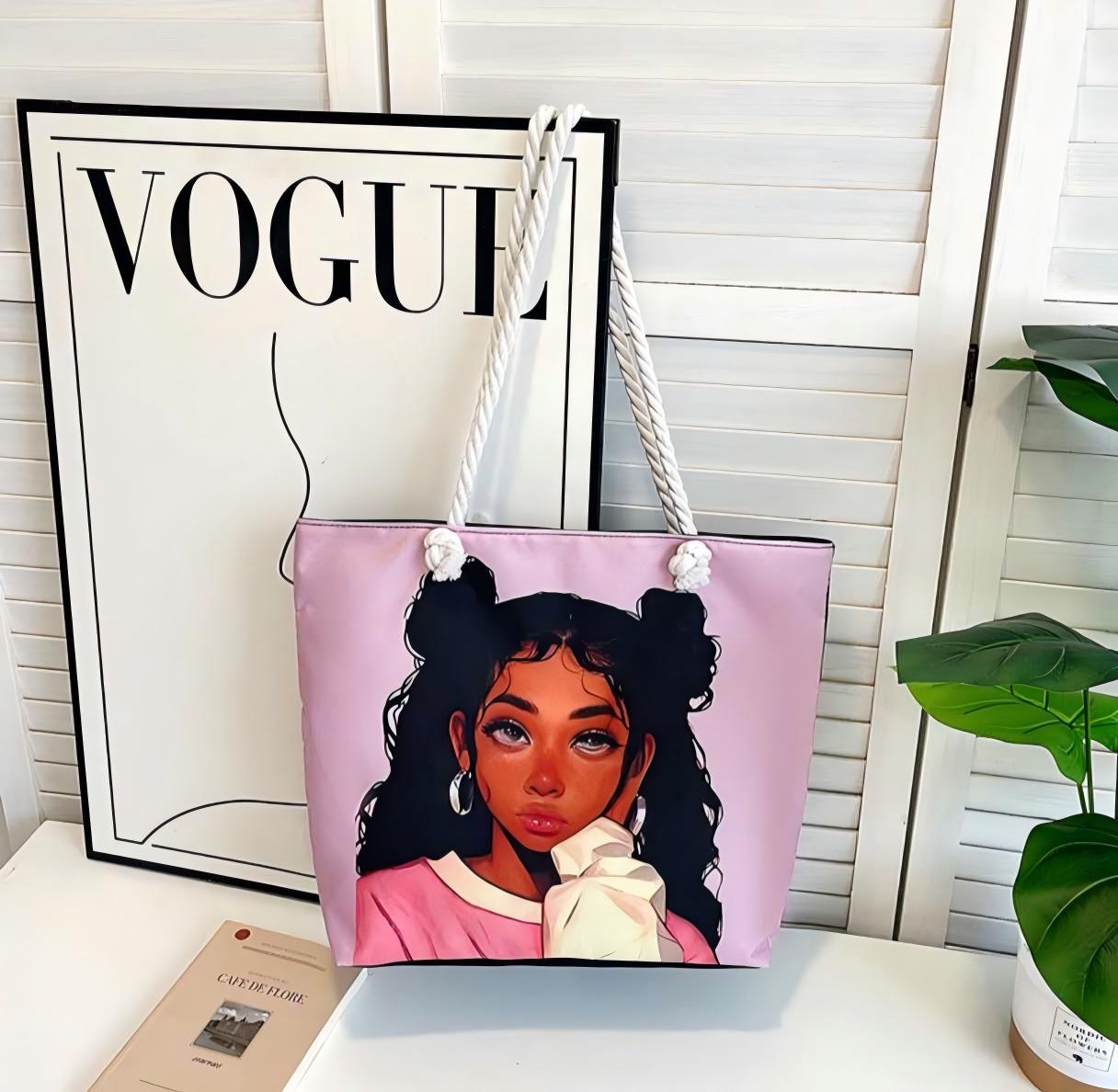 Lilac Muse Graphic Canvas Rope Tote Bag
