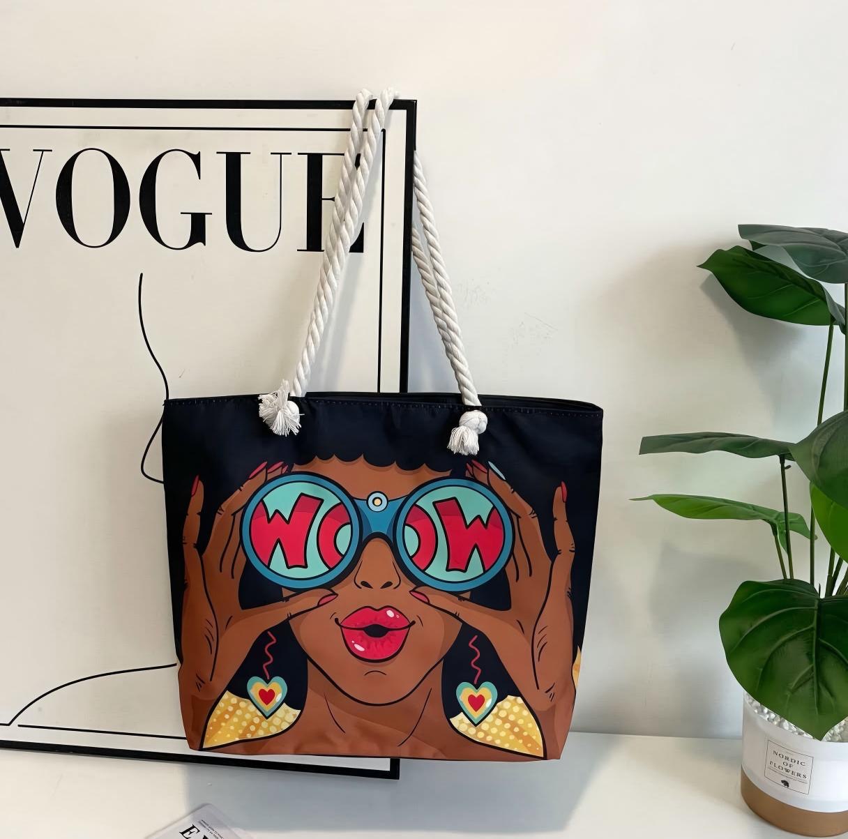 WOW Factor Pop-Art Graphic Canvas Rope Tote Bag