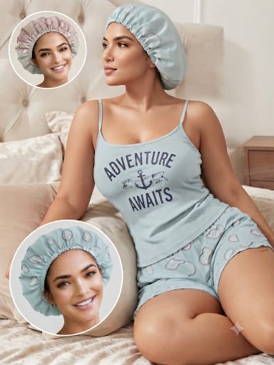 3-Piece Ribbed Camisole & Sleep Bonnet Set