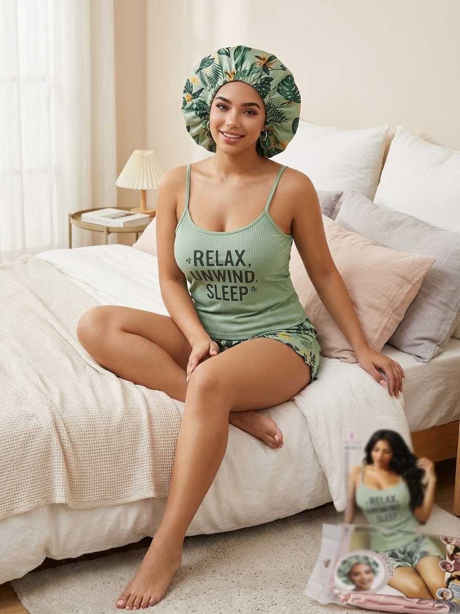 3-Piece Ribbed Camisole & Sleep Bonnet Set