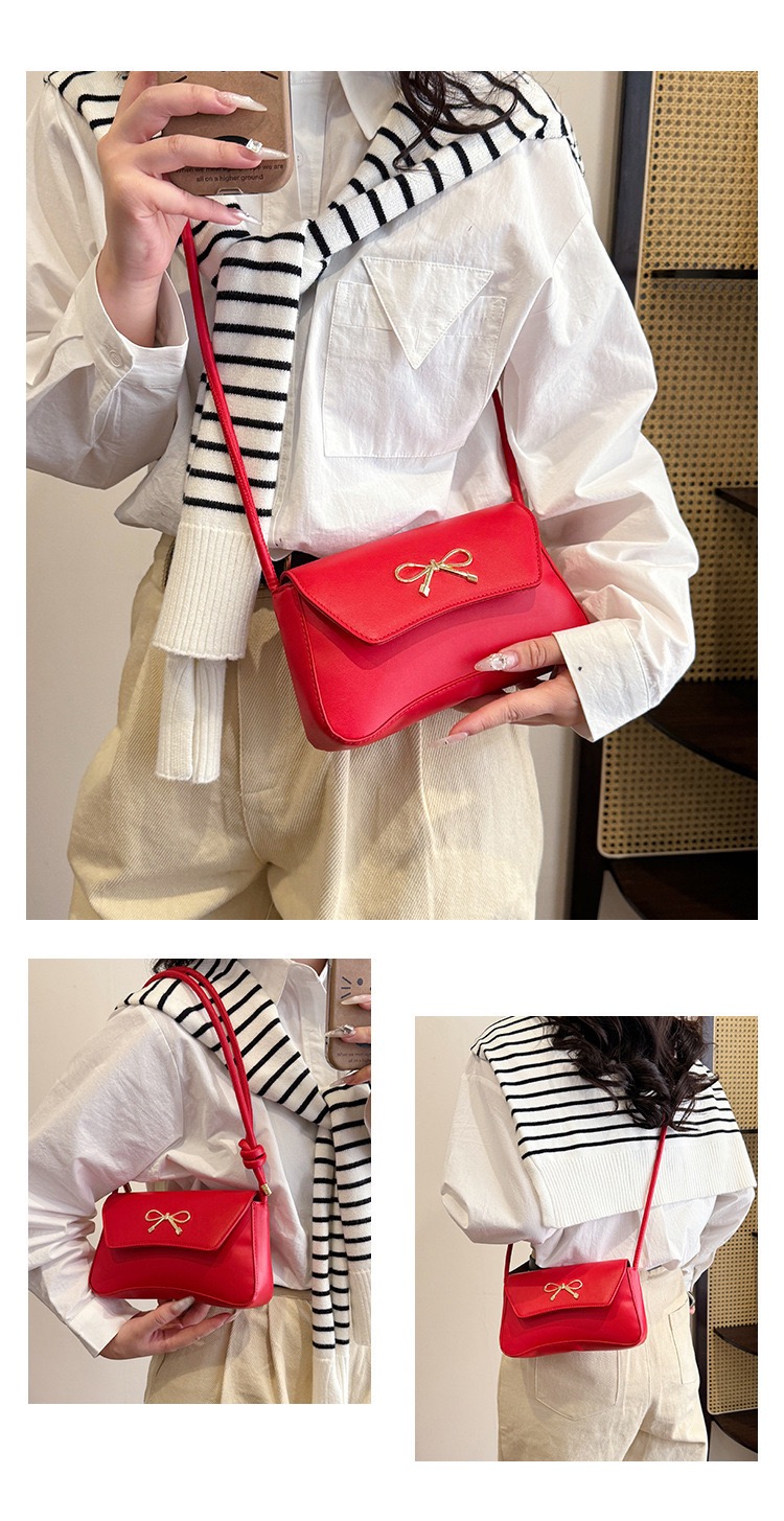 2025 Spring New Solid Color Korean Style Bowknot Elegant and Stylish Single-Shoulder Casual Underarm Baguette Bag Red