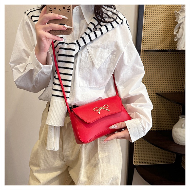 2025 Spring New Solid Color Korean Style Bowknot Elegant and Stylish Single-Shoulder Casual Underarm Baguette Bag Red