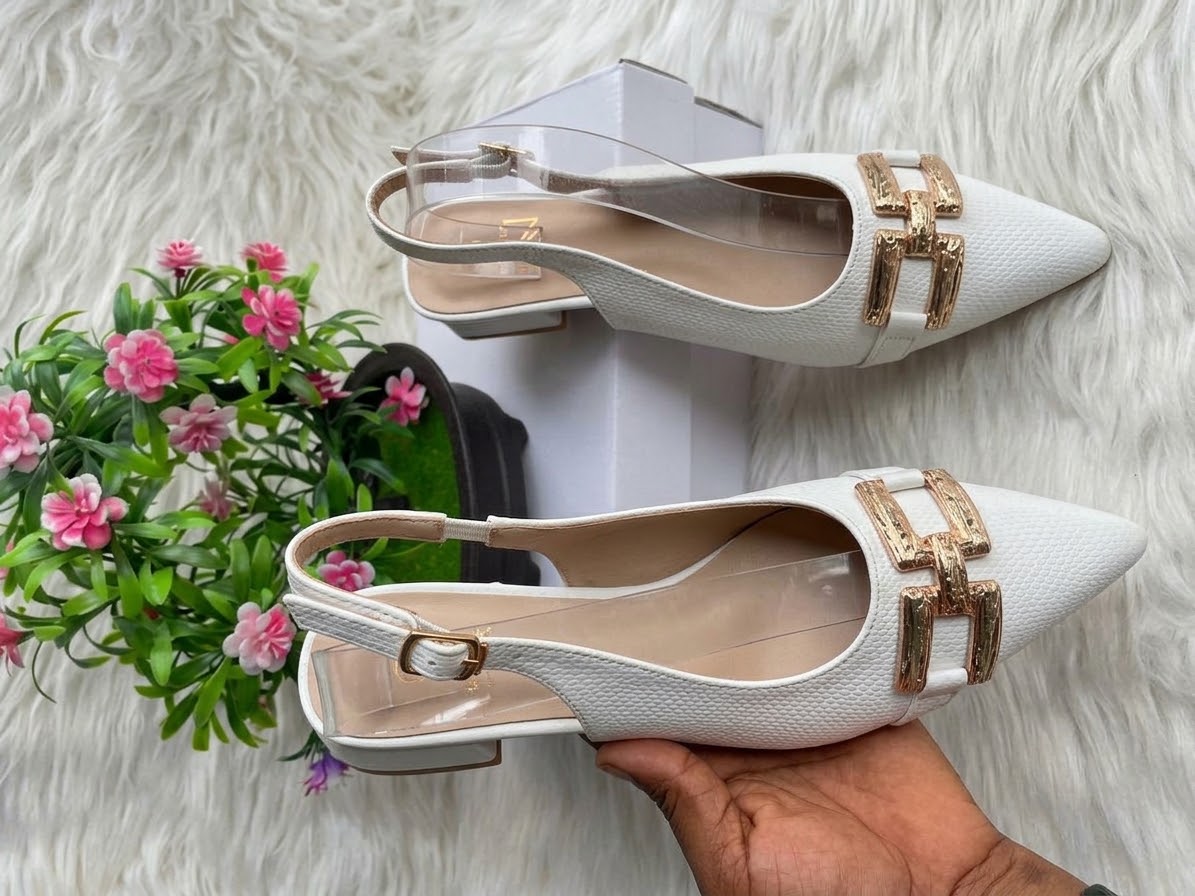 Pointed-Toe Buckle Slingback Block Heels