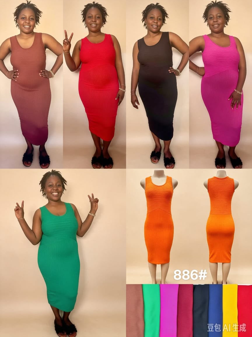 Sleeveless Ribbed Bodycon Midi Tank Dress #886